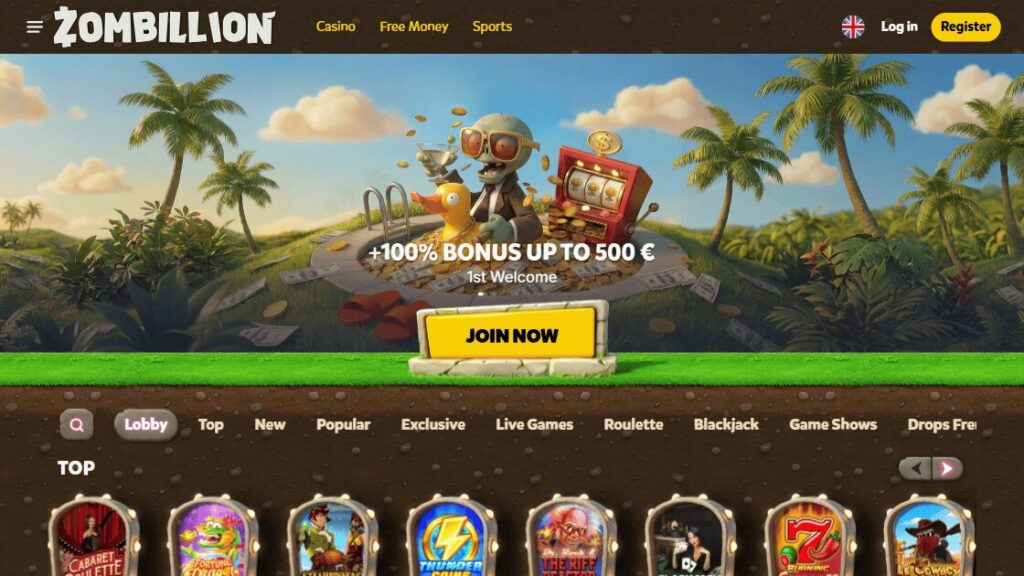 zombillion no cruks casino homepage screenshot